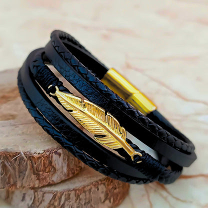 Black Leather & Gold Stainless Steel Feather - B-14 Bracelet | Men's - Overpowered Accessories Egypt