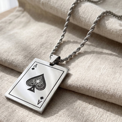 Silver chain necklace with square Ace of Spades playing card pendant