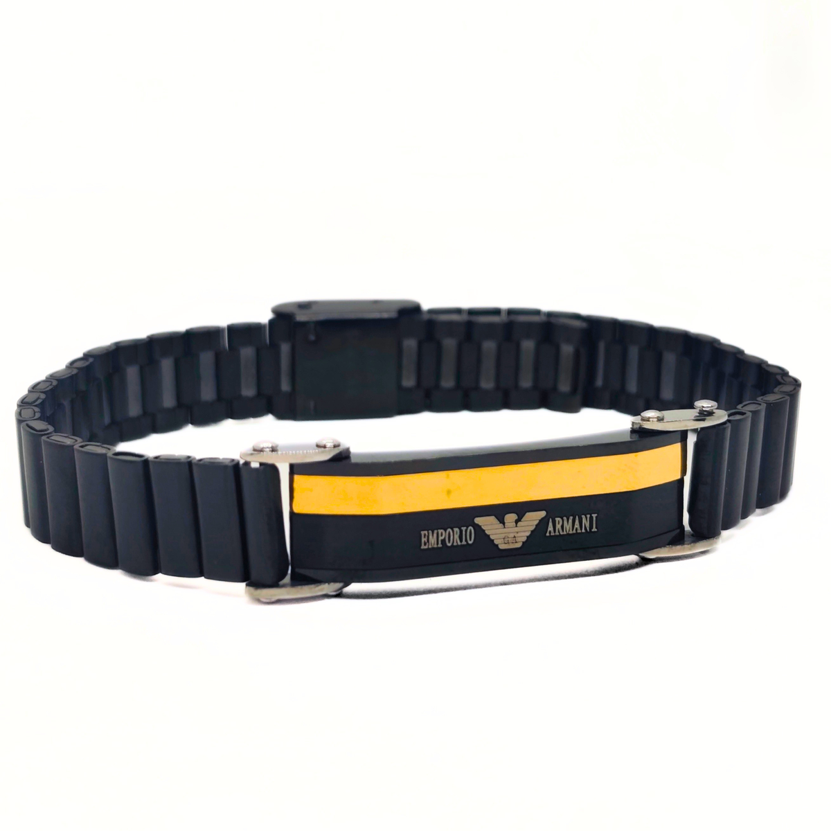 Black and gold stainless steel bracelet for men with silver steel brackets, side angle, B-205, Overpowered Accessories