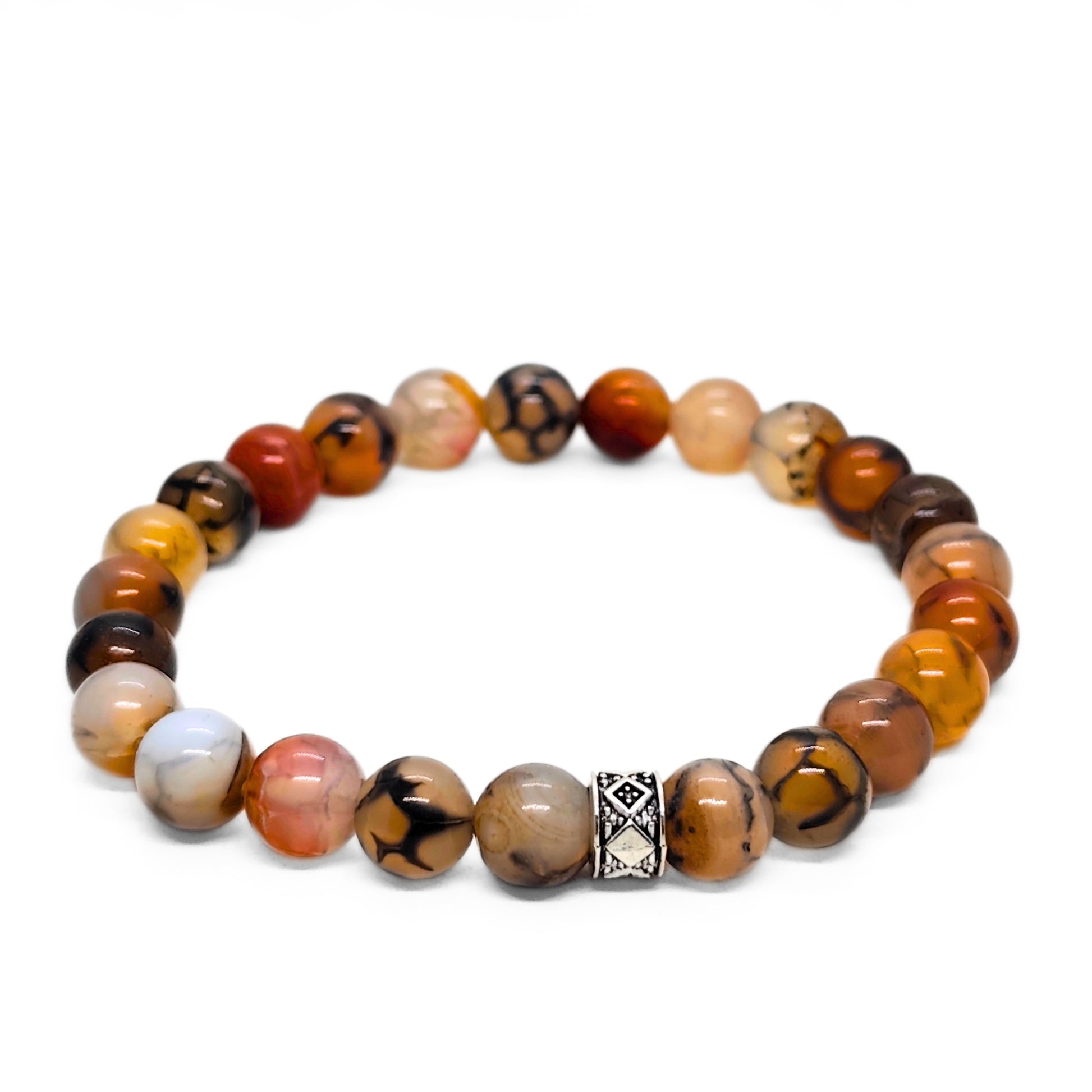 Natural agate beaded bracelet with orange, brown, black, and white beads and a silver geometric centerpiece
