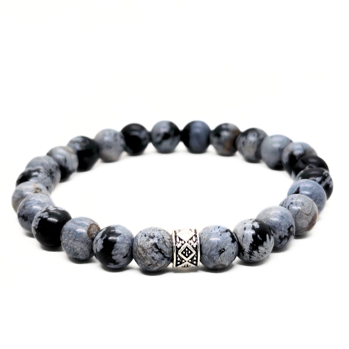 Men's round gray and black speckled obsidian bead bracelet with a silver geometric center bead