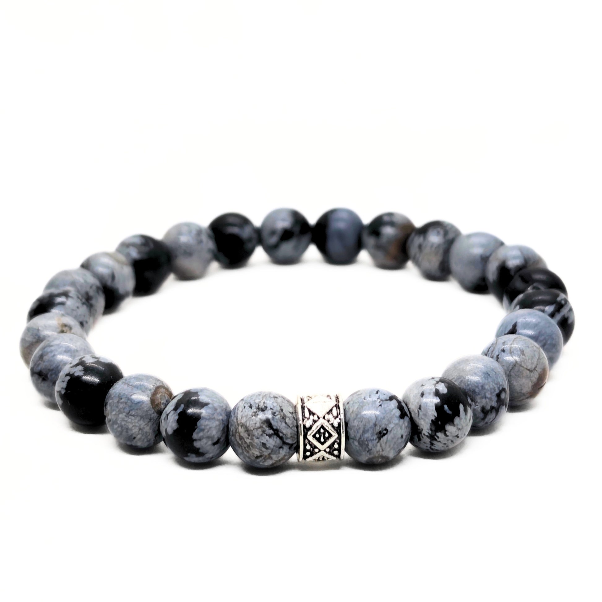 Men's round gray and black speckled obsidian bead bracelet with a silver geometric center bead