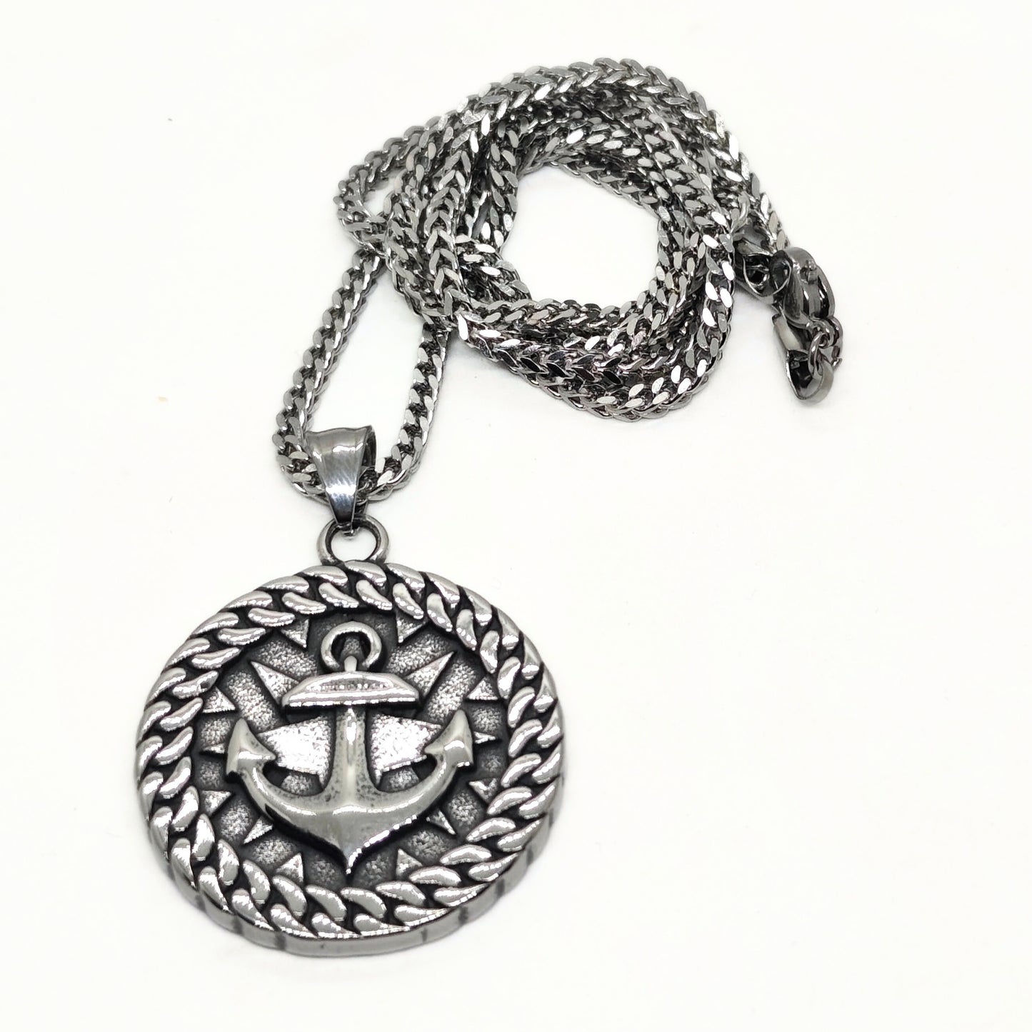 Silver steel anchor pendant necklace with a braided border and a chain, designed by Overpowered Accessories.