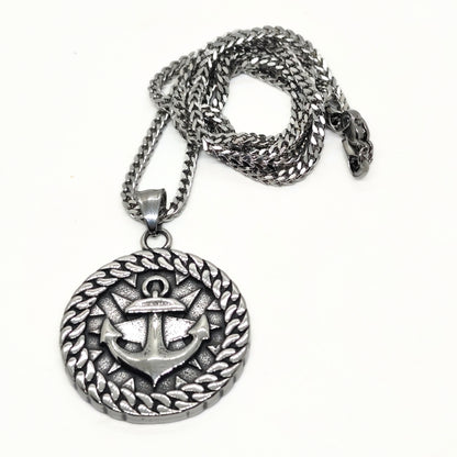 Silver steel anchor pendant necklace with a braided border and a chain, designed by Overpowered Accessories.