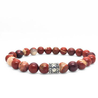 Natural red jasper stone beaded bracelet with silver-tone center clasp and mixed red beads