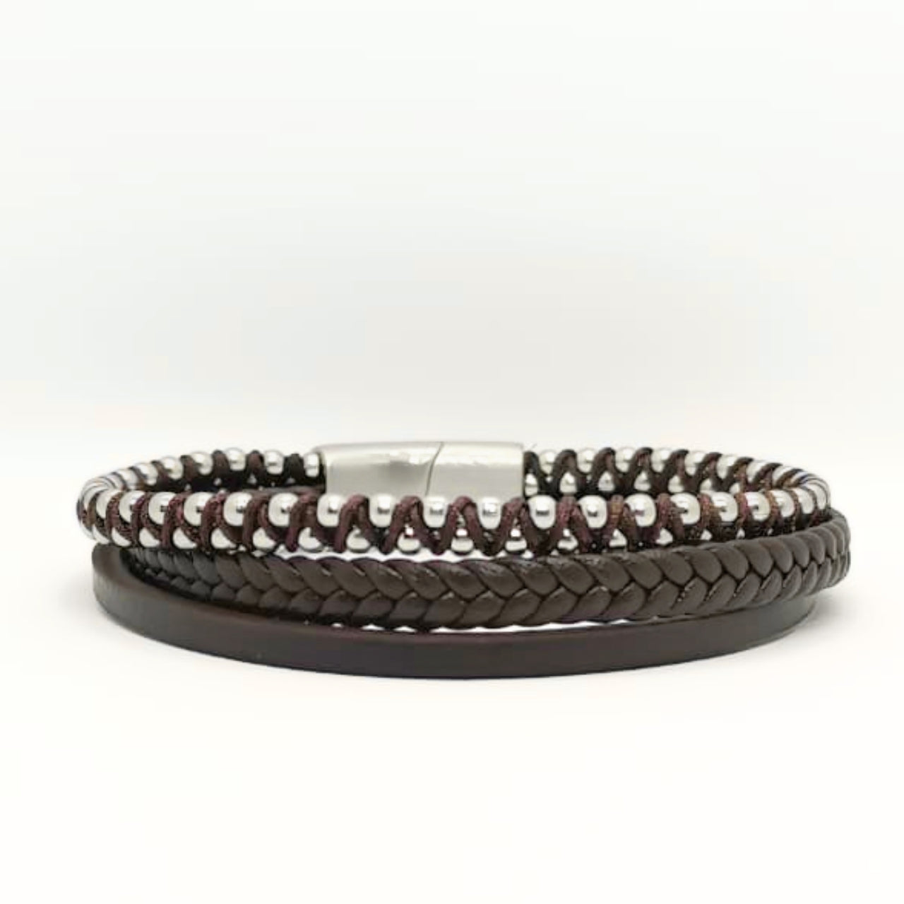 Premium Brown Leather Bracelet with Beads Silver Stainless Steel B-92 - Overpowered Accessories | Egypt