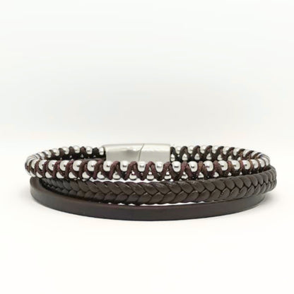 Premium Brown Leather Bracelet with Beads Silver Stainless Steel B-92 - Overpowered Accessories | Egypt