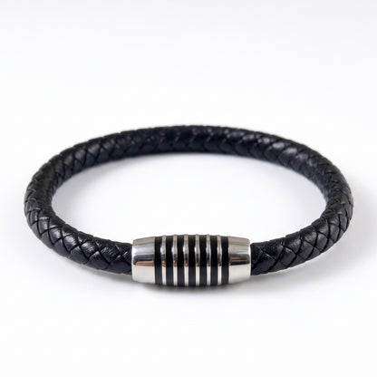 Black braided leather bracelet shown flat with silver-tone ringed clasp
