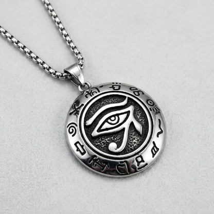 Oval eye pendant necklace on chain with black enamel design
