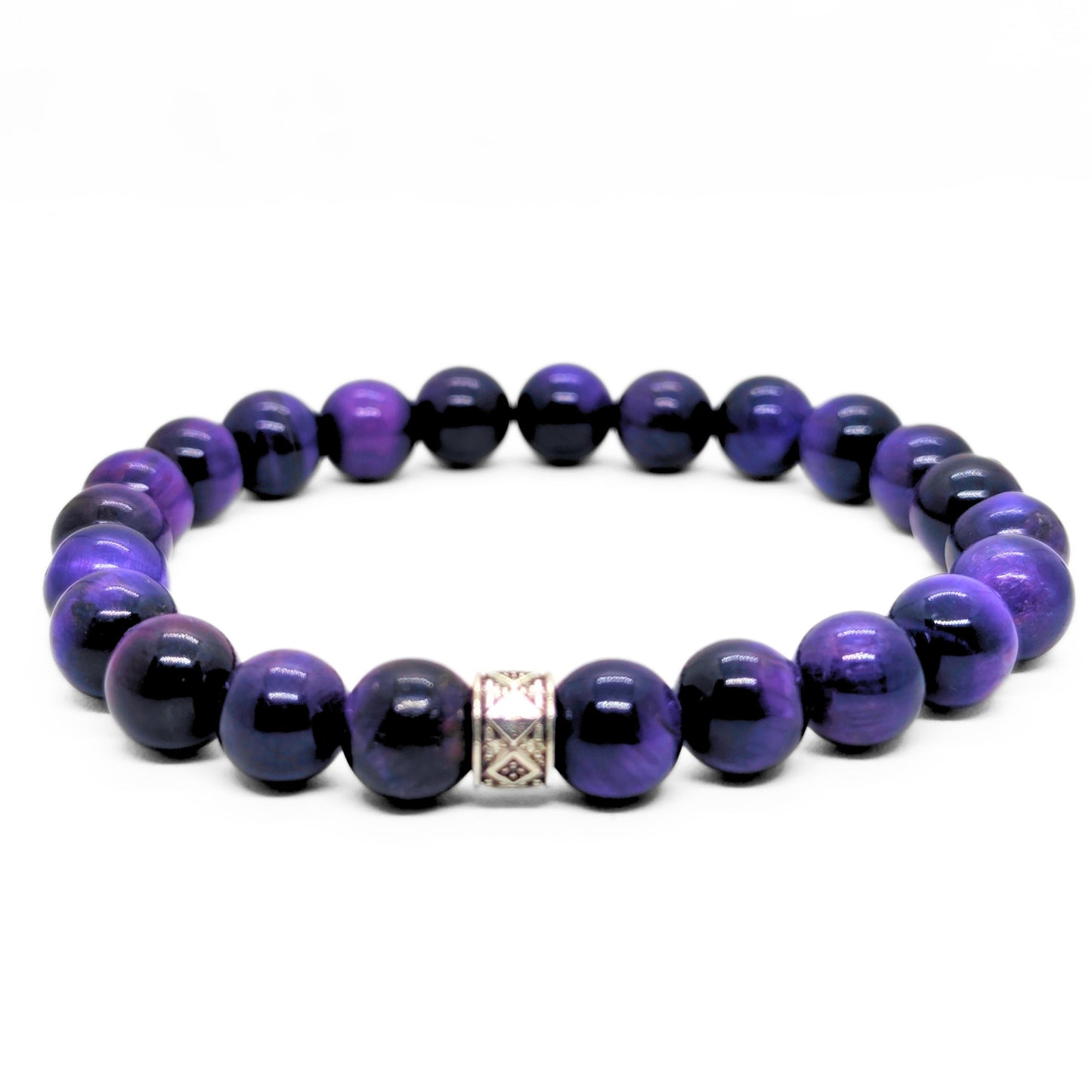 Purple and black gemstone bead bracelet with silver-tone cube centerpiece