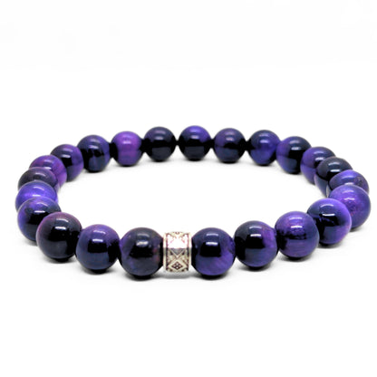 Purple and black gemstone bead bracelet with silver-tone cube centerpiece