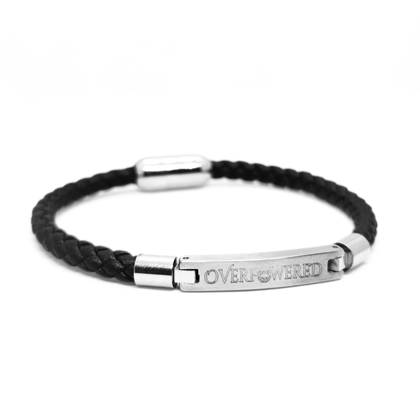 A black braided cord bracelet with a polished silver-tone metal bar engraved with the word 'OVERPOWERED', shown on a clean white background.