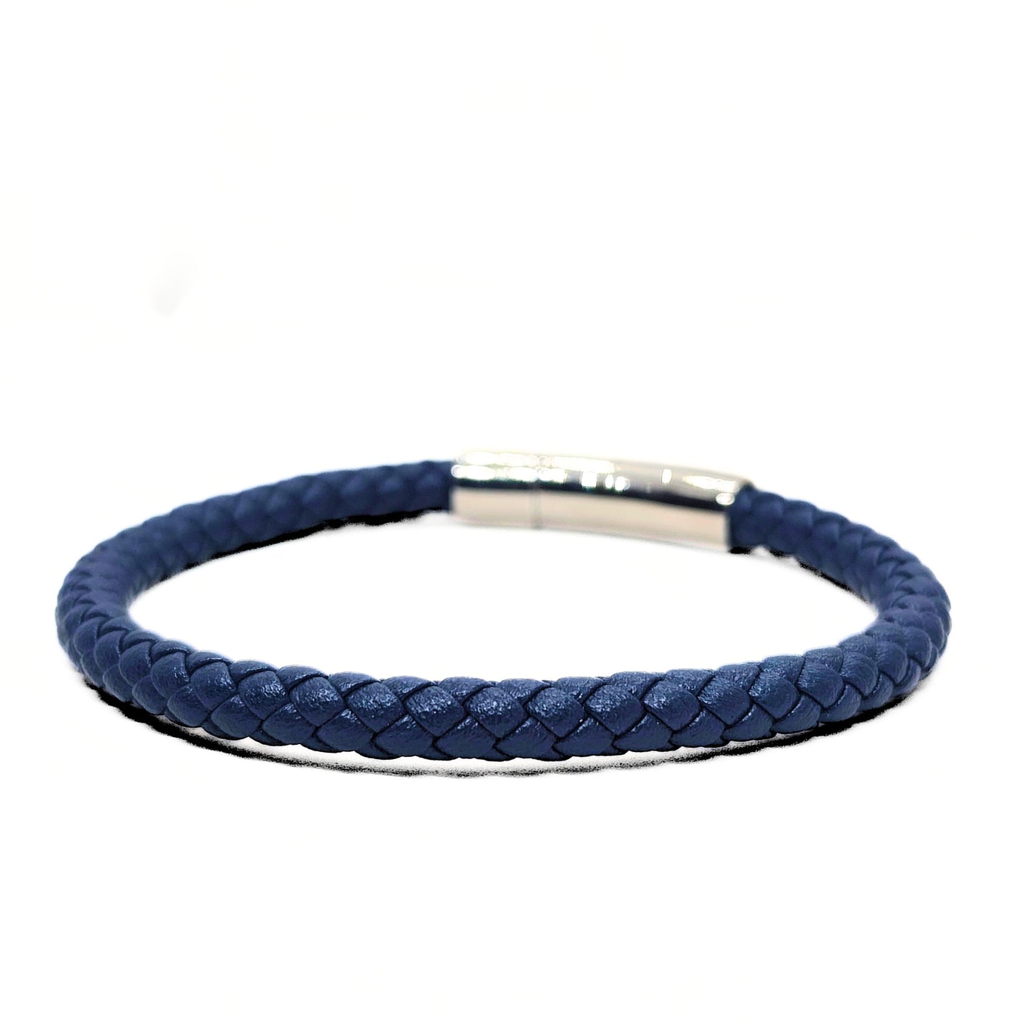 Men's dark blue braided leather bracelet with brushed silver magnetic clasp