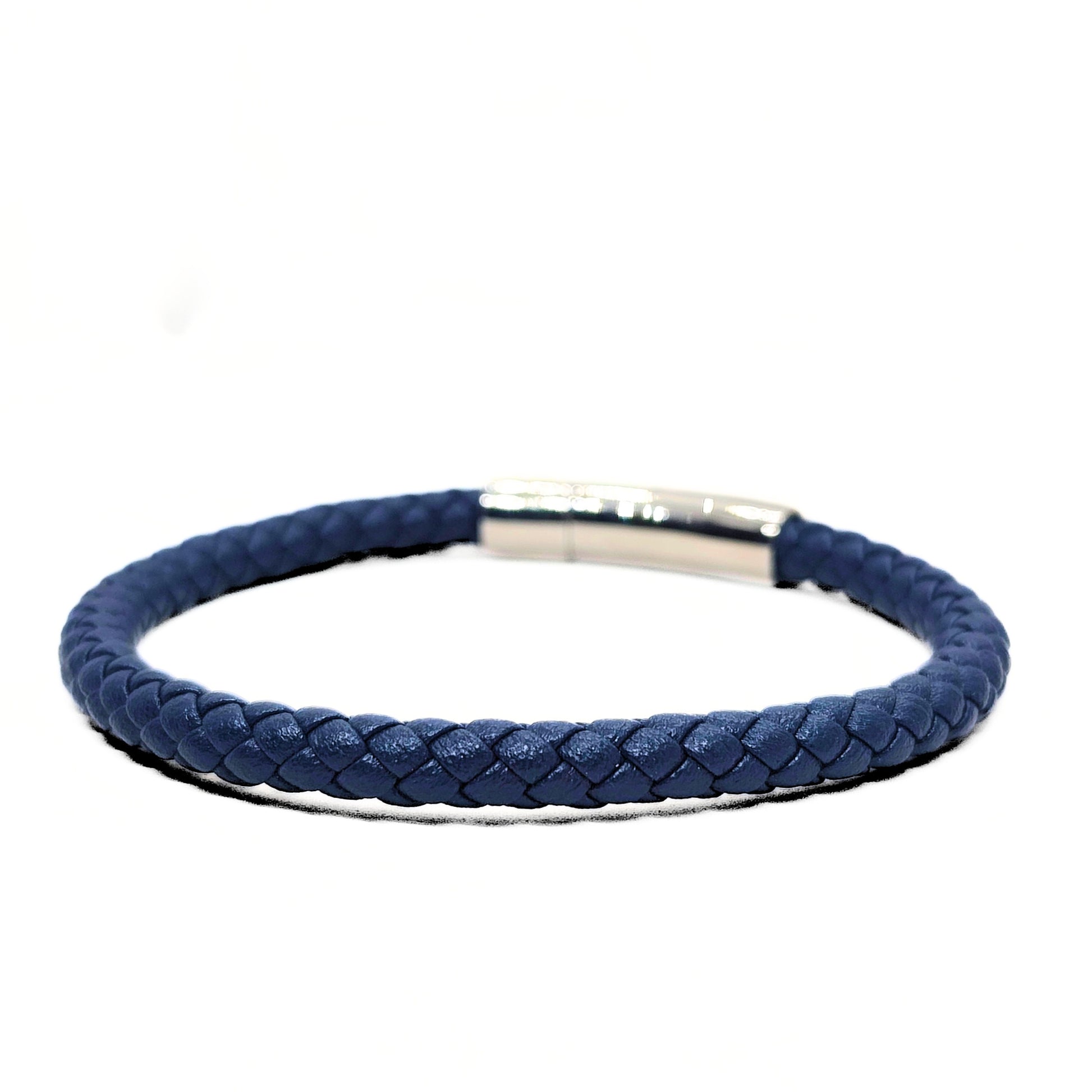 Men's dark blue braided leather bracelet with brushed silver magnetic clasp