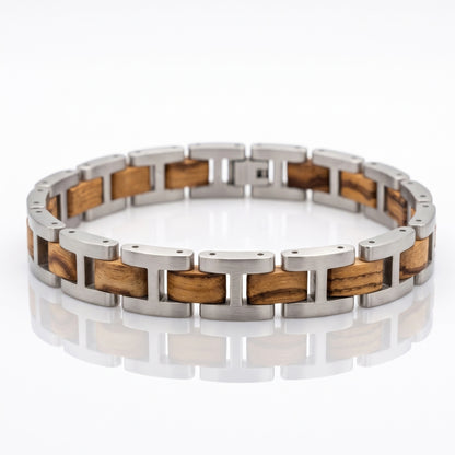 Zebrawood inlaid stainless steel link bracelet with curved, circular profile, Overpowered Accessories