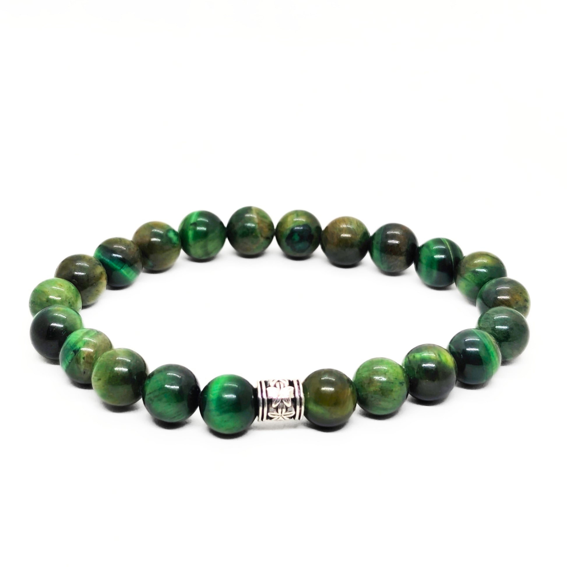 Green and gold tiger's eye stone bead bracelet with silver-toned center clasp.