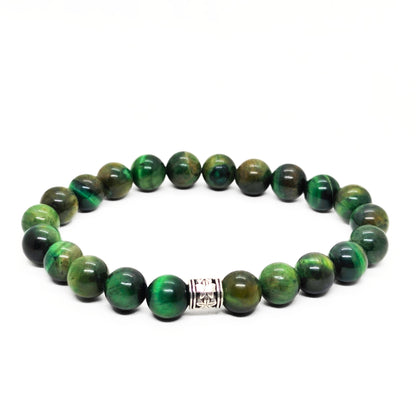 Green and gold tiger's eye stone bead bracelet with silver-toned center clasp.