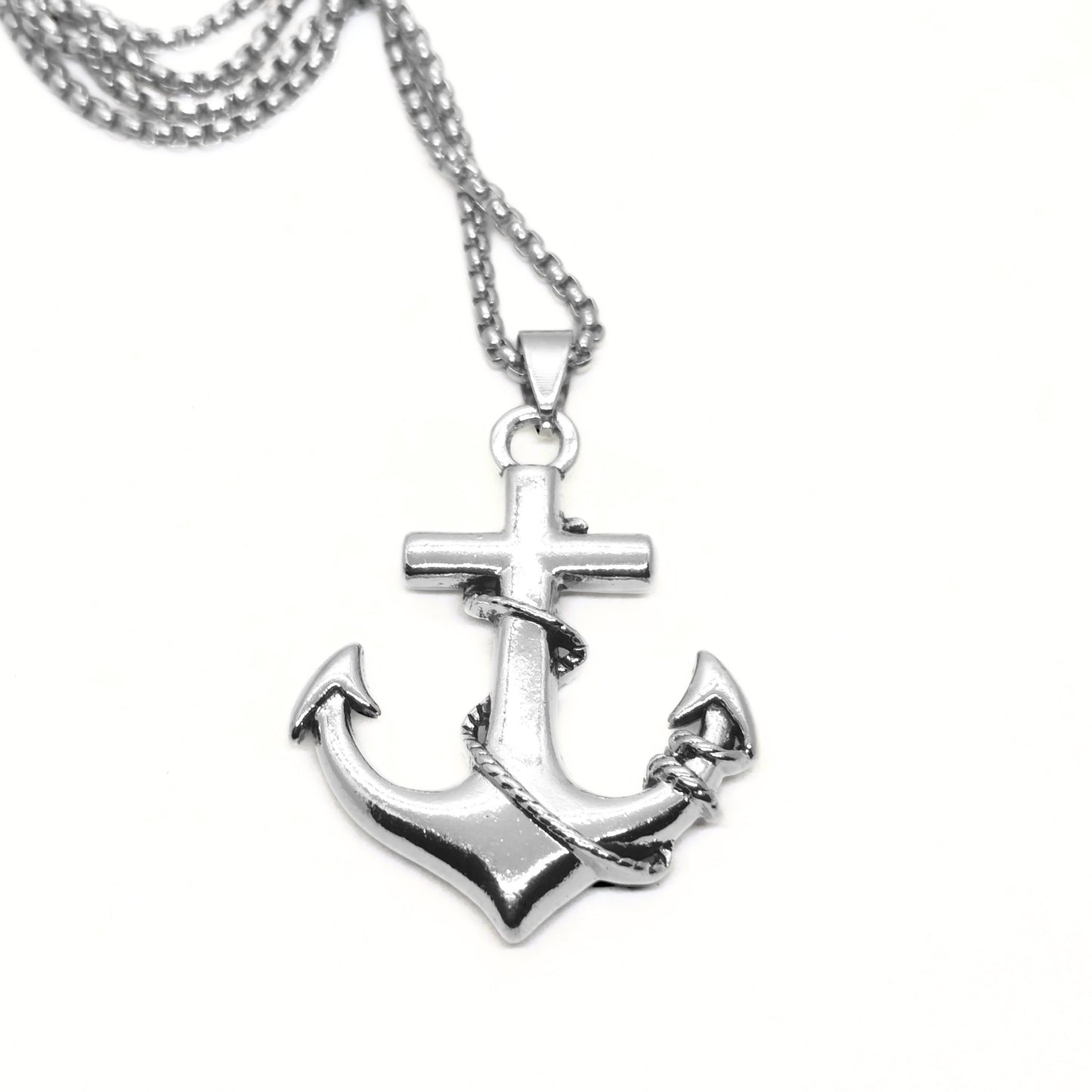 Silver anchor and cross pendant on a chain necklace