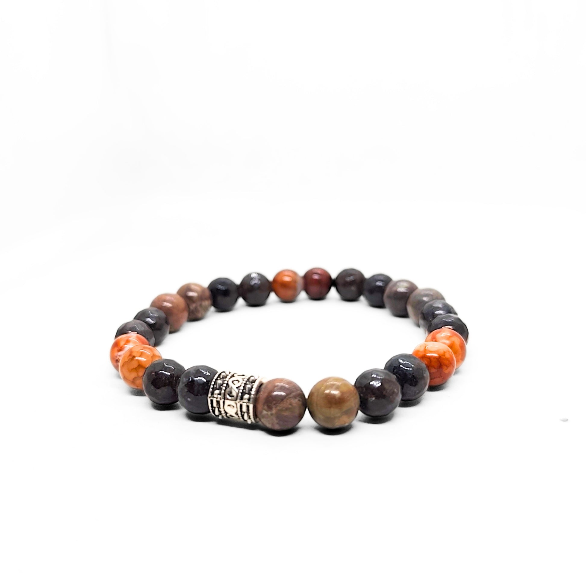 Natural Agate Stone - G-26 Bracelet features a mix of earthy tones with decorative silver accents, designed for men.