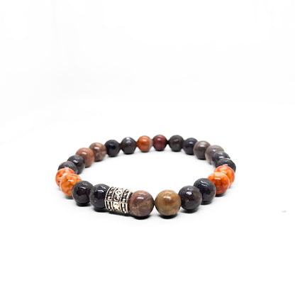 Natural Agate Stone - G-26 Bracelet features a mix of earthy tones with decorative silver accents, designed for men.