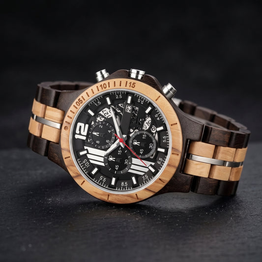 Men's wood sport watch with black-and-tan band, round wood case, and multi-dial face.