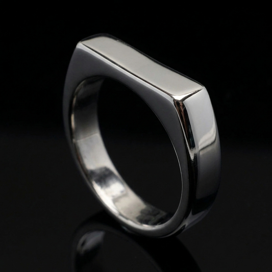 R-9 men's polished stainless steel signet ring with a flat bar top by Overpowered Accessories