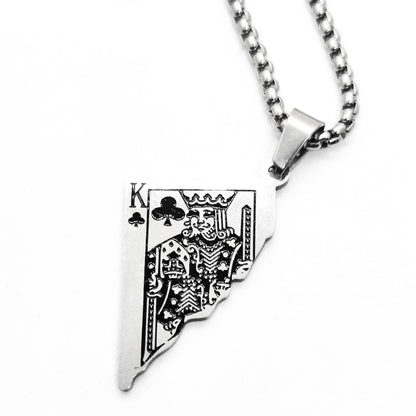 Silver King Card Pendant necklace with spade design, attached to a metal chain, by Overpowered Accessories.