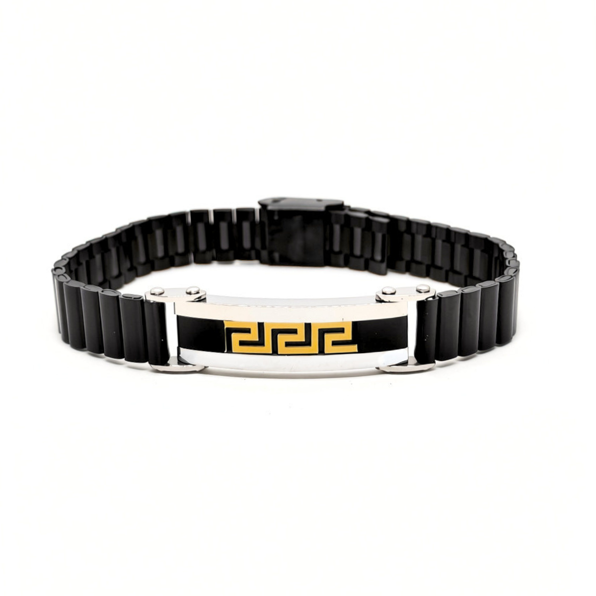 Men's black stainless steel bracelet with polished silver ID plate and gold-tone Greek key, front view, B-206, Overpowered Accessories