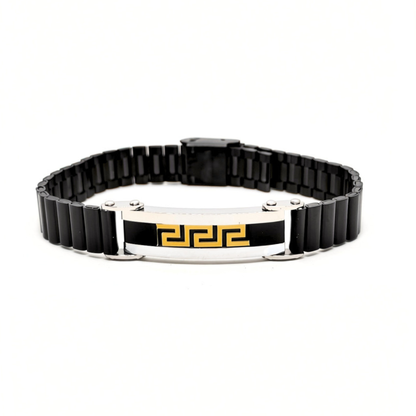 Men's black stainless steel bracelet with polished silver ID plate and gold-tone Greek key, front view, B-206, Overpowered Accessories