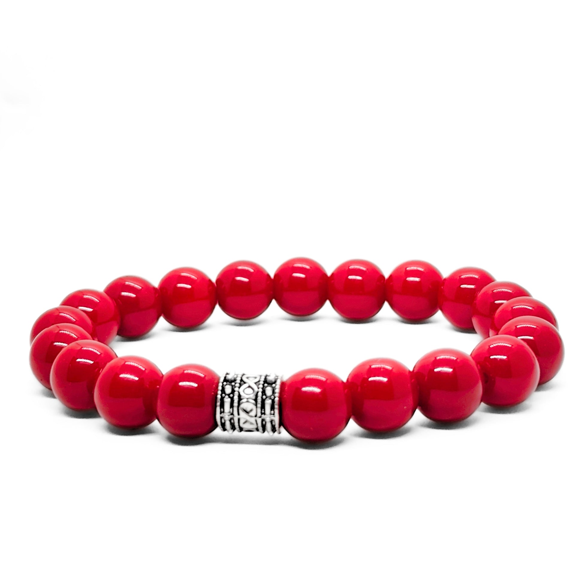 Men's red agate bead bracelet with silver-tone patterned centerpiece