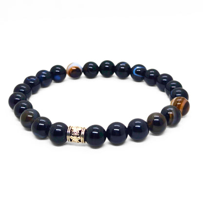 Men's dark blue beaded agate bracelet with gold center bead accents