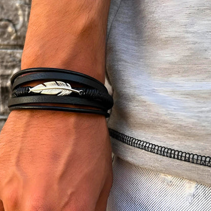 Black Leather & Silver Stainless Steel Feather - B-13 Bracelet | Men's - Overpowered Accessories Egypt