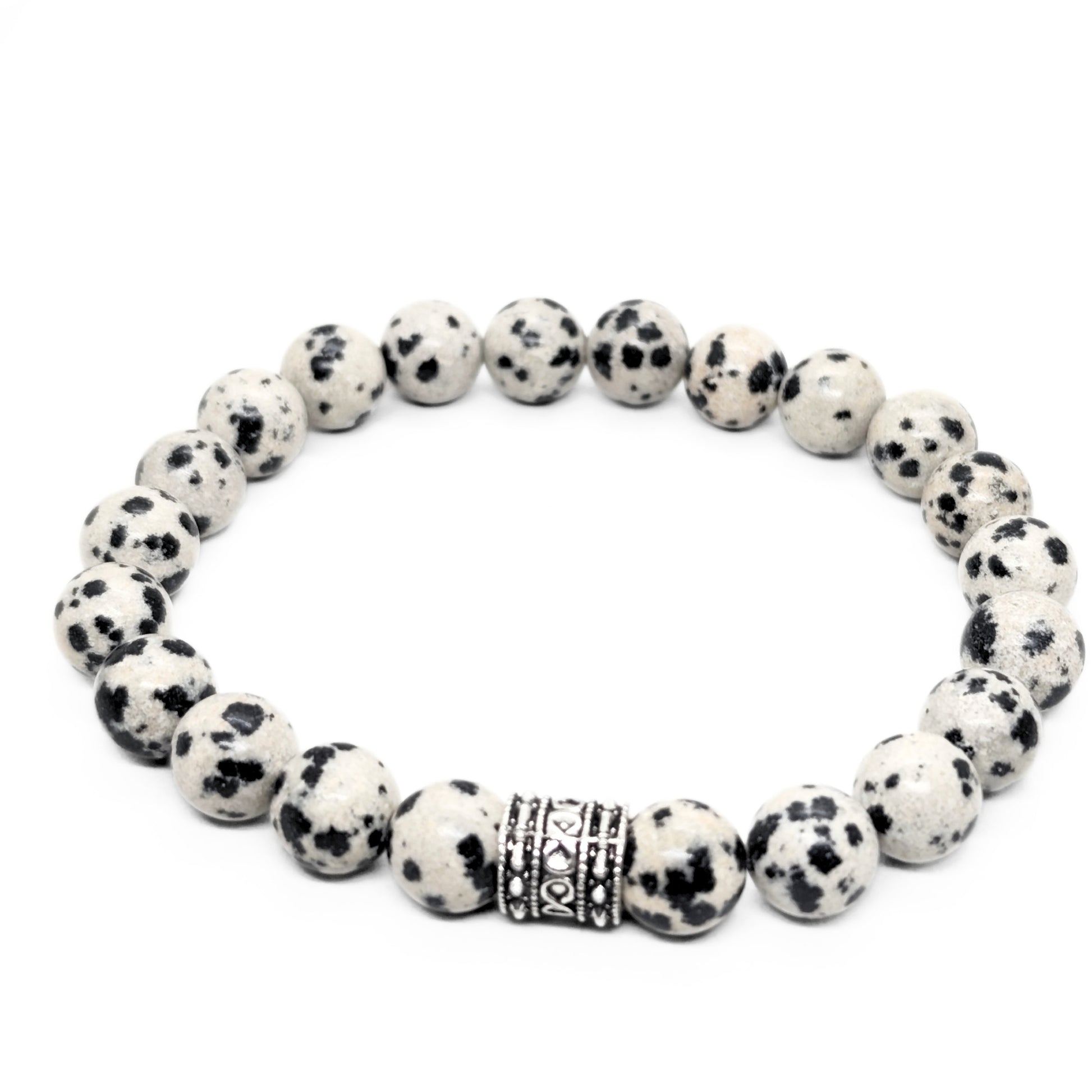 Dalmatian jasper bead bracelet, round black-and-white stones with silver-tone spacer