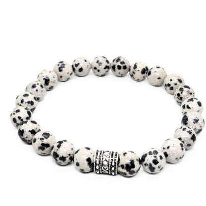 Dalmatian jasper bead bracelet, round black-and-white stones with silver-tone spacer