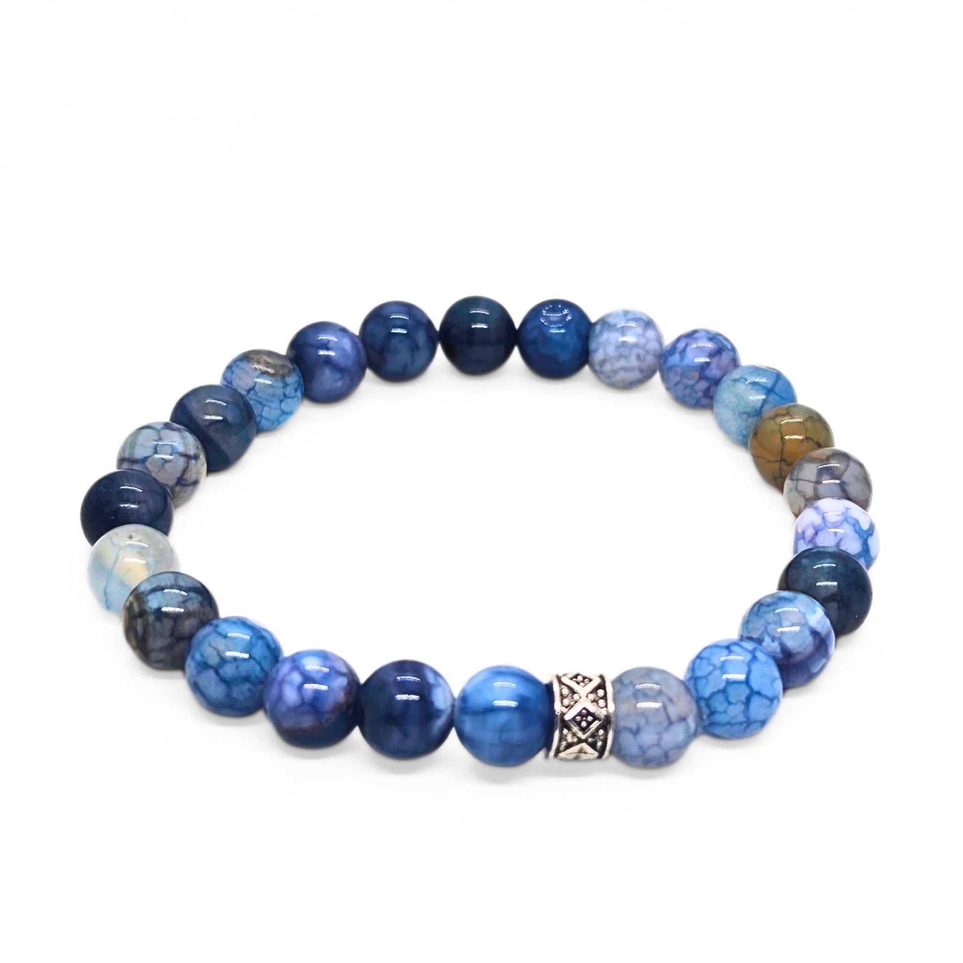 Blue and gray agate bead bracelet with diamond-pattern metal centerpiece