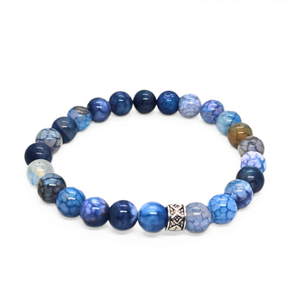 Blue and gray agate bead bracelet with diamond-pattern metal centerpiece