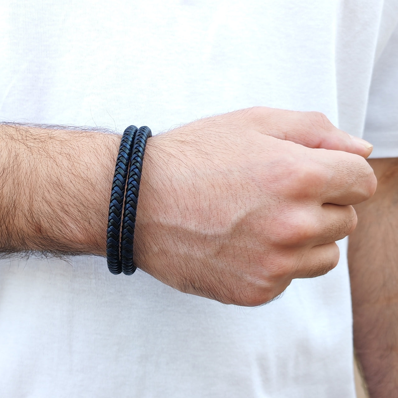 Braided Natural Leather, Black & Blue - B-009 Bracelet | Men's - Overpowered Accessories Egypt