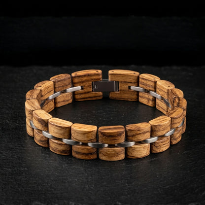 Round zebrawood bracelet with silver metal connectors and center clasp, Overpowered Accessories