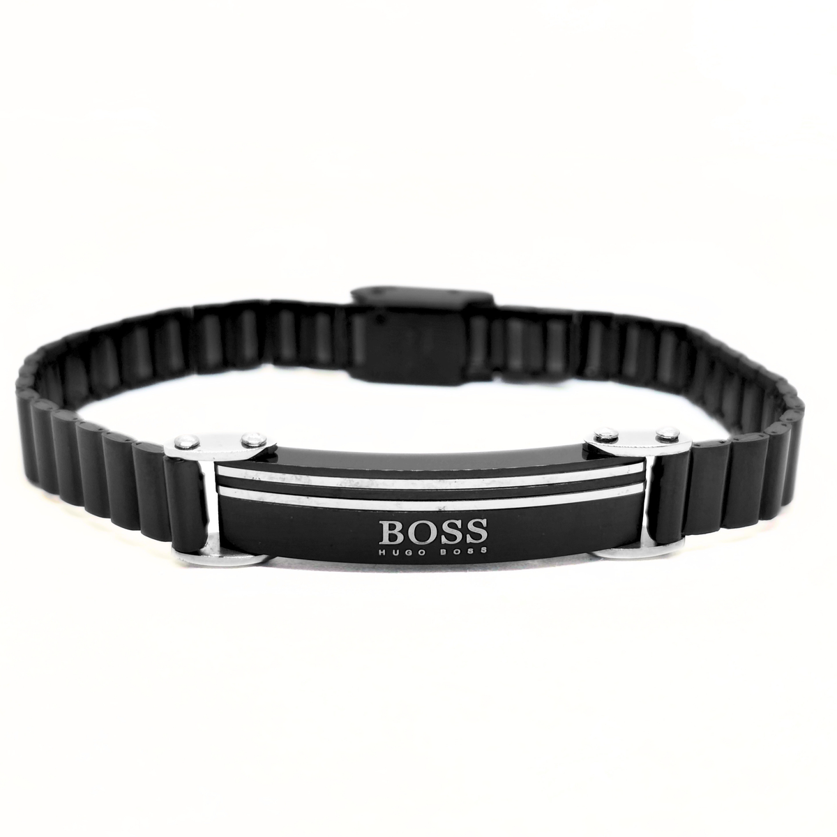 Men's all black stainless steel bracelet with silver-striped center plate, front view, B-207, Overpowered Accessories
