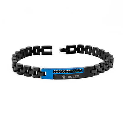 Blue and black stainless steel B-151 bracelet for men by Overpowered Accessories, featuring a sleek design and clasp closure.