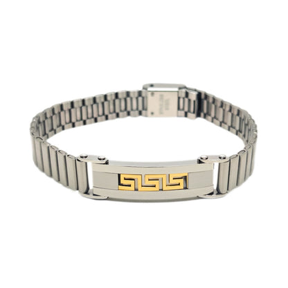 Men's silver and gold stainless steel bracelet with Greek key center plate, front view, B-204, Overpowered Accessories