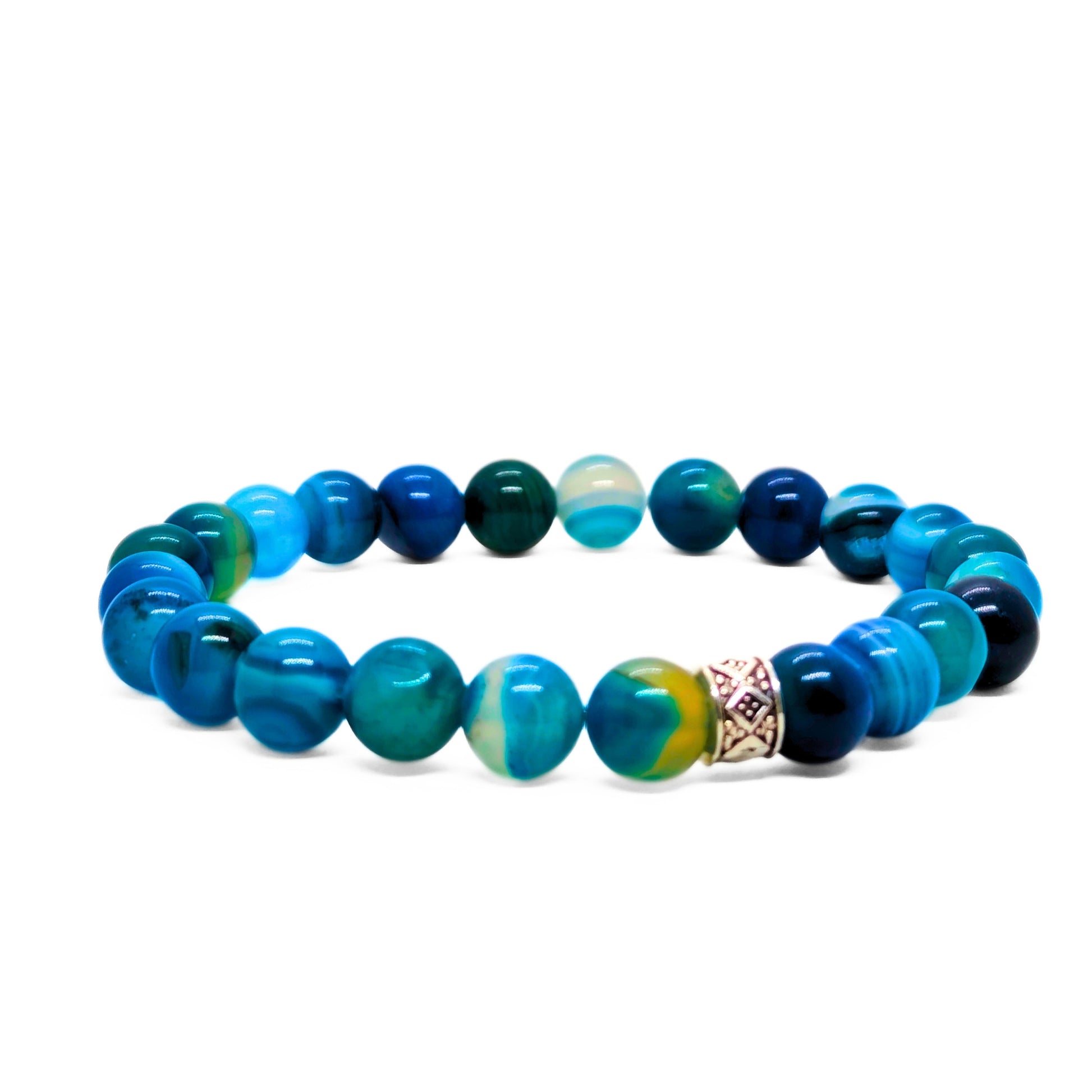 Men’s agate bead bracelet with blue and green round stones, silver diamond clasp