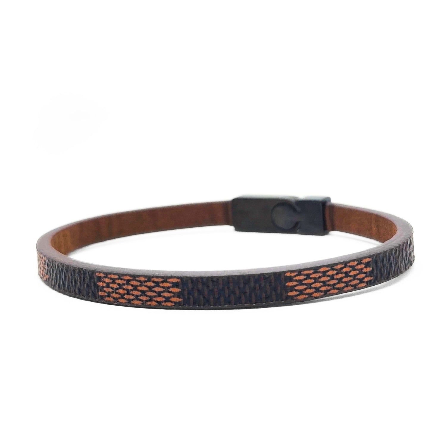 Men's brown leather bracelet with navy-orange patterned band and square black buckle