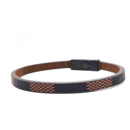 Men's brown leather bracelet with navy-orange patterned band and square black buckle