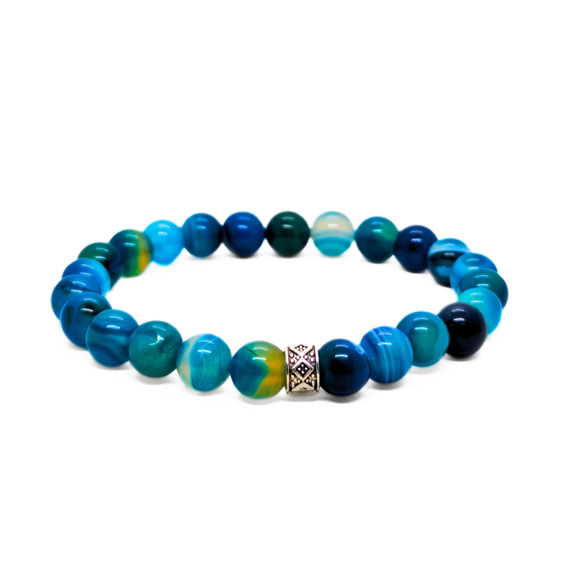 Men’s agate bead bracelet with multicolor blue-green round beads and silver diamond clasp