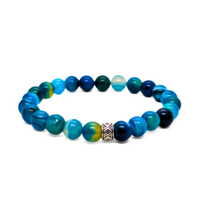 Men’s agate bead bracelet with multicolor blue-green round beads and silver diamond clasp