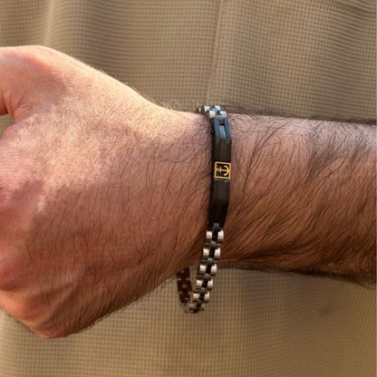Two-Tone Silver & Black Stainless Steel with Gold Anchor - B-79 Bracelet | Men's - Overpowered Accessories Egypt