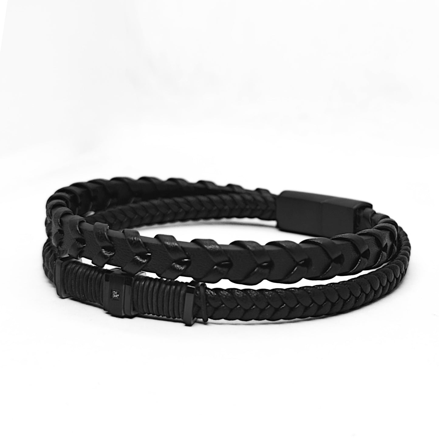 Men's black braided leather bracelet with micro-zircon accents and magnetic clasp