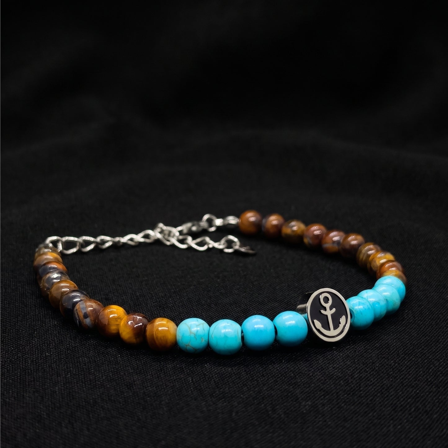 Men's tiger eye and turquoise beaded anchor bracelet with silver-tone chain and clasp