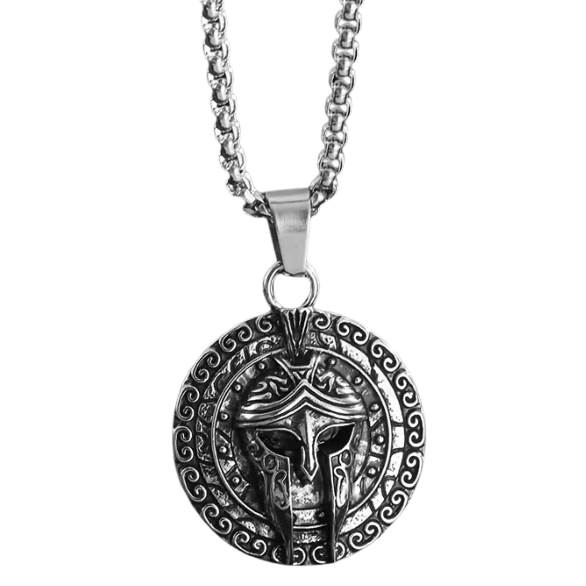 Men's PN-11 Sparta Warrior Pendant necklace by Overpowered Accessories featuring a detailed warrior helmet design on a circul